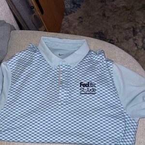 Nike FedEx St Jude Light Blue and White Checkered Polo; Size Large